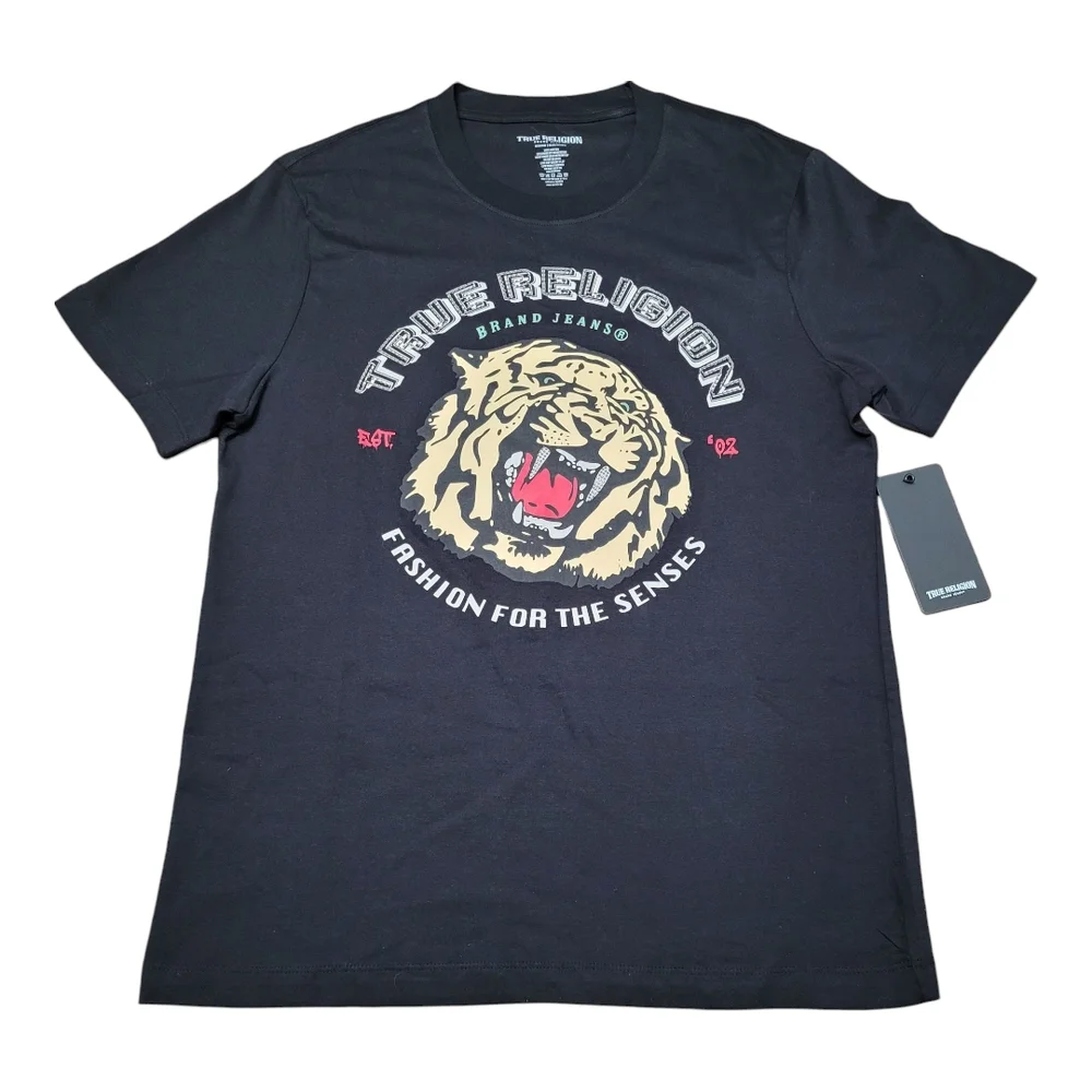 NEW True Religion Black Crew Neck Tee Shirt Tiger Bling Graphic Size M